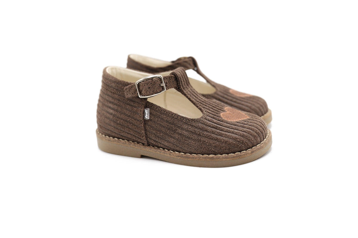 Emel Brown Cordoroy Heart Baby T-Strap