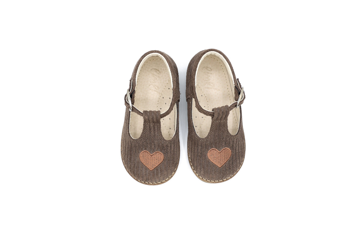 Emel Brown Cordoroy Heart Baby T-Strap