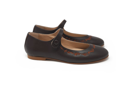 Lauve Brown Embroidery Vine Mary Jane
