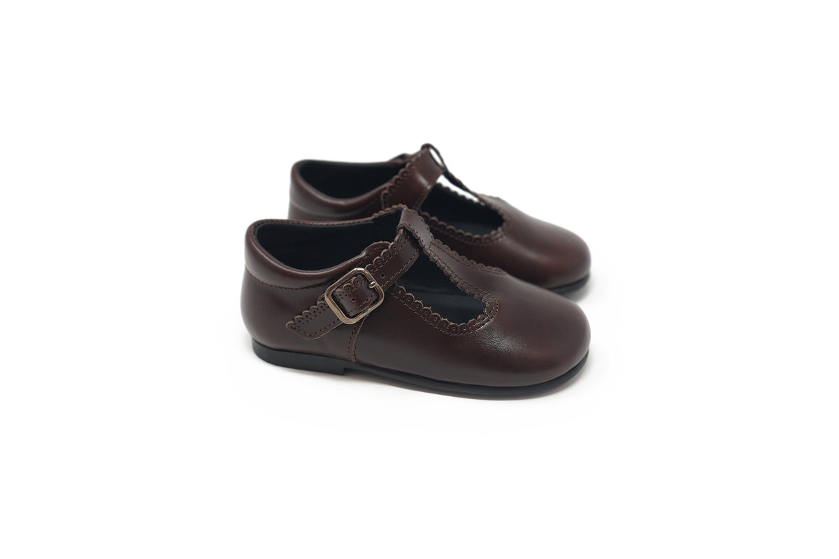 Blublonc Brown Scalloped Baby T-Strap