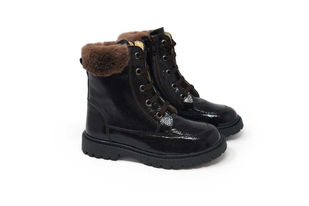 Andanines Brown Patent Fur Bootie