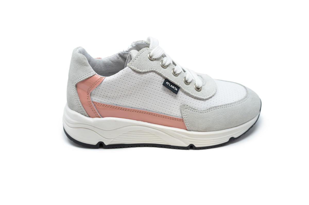 Atlanta White Suede, Salmon Patent Sneaker with Laces
